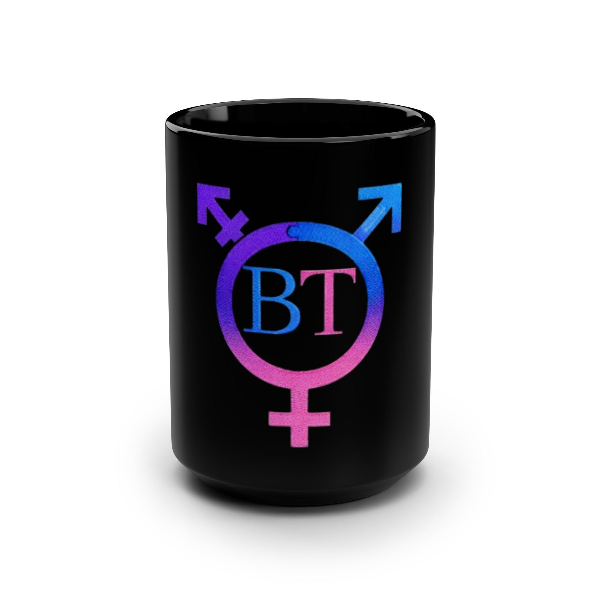 Beautifully Trans 15oz Black Mug — Gradient Transgender Circle with "BT" Monogram