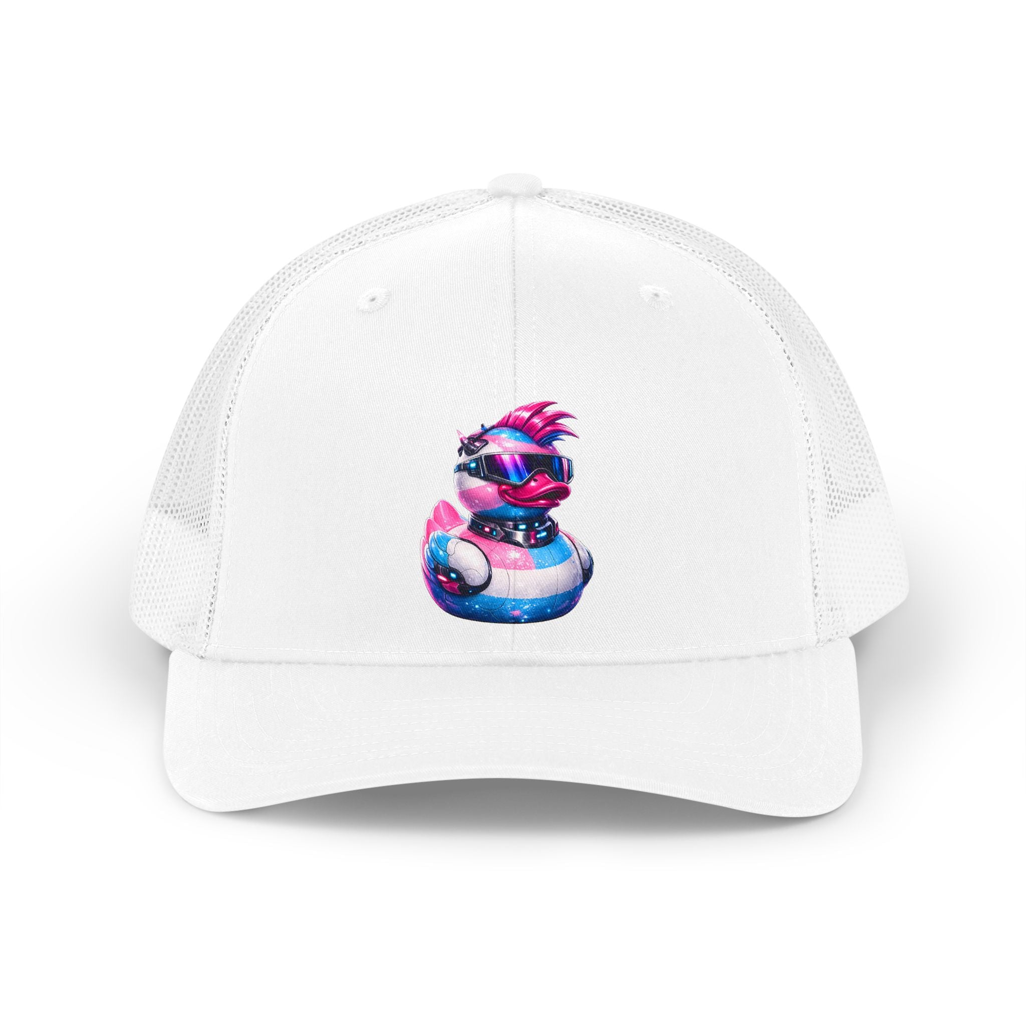 Beautifully Trans Neon Duck Trucker Hat — Colorful 80s Vaporwave Mesh Cap