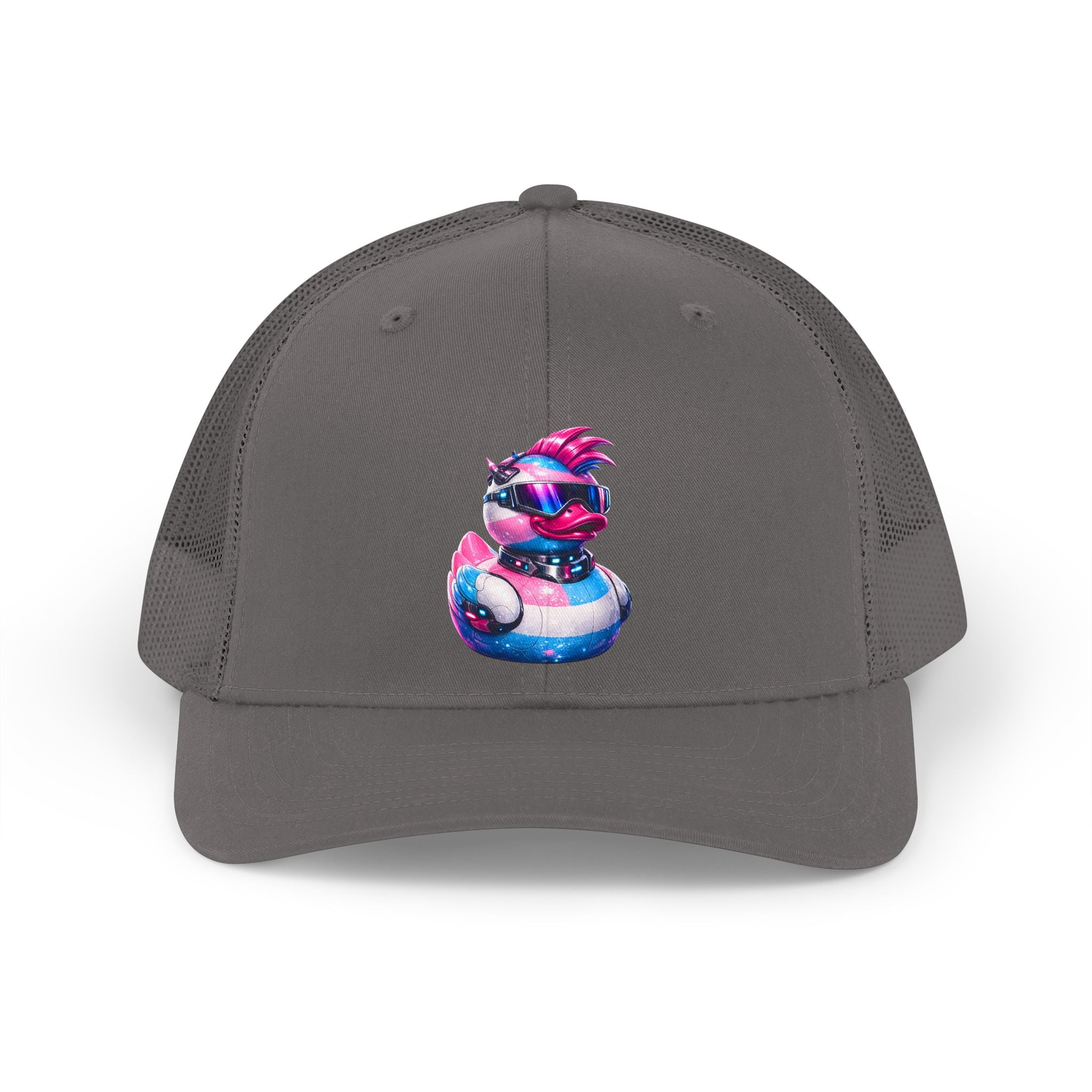 Beautifully Trans Neon Duck Trucker Hat — Colorful 80s Vaporwave Mesh Cap
