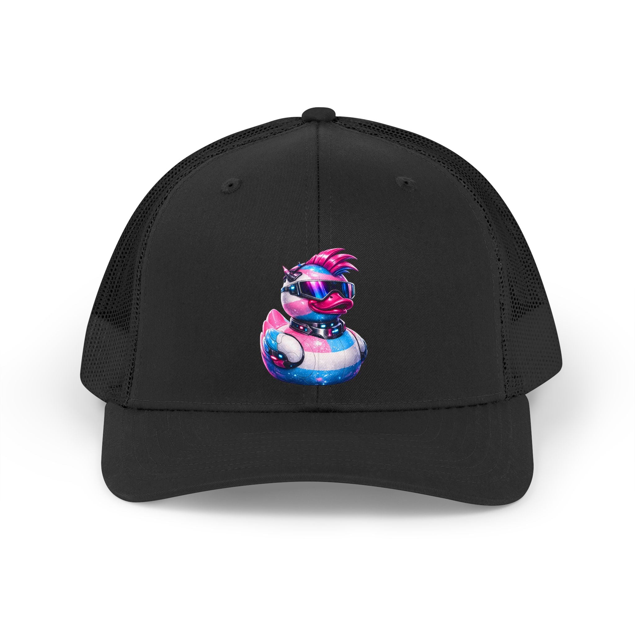 Beautifully Trans Neon Duck Trucker Hat — Colorful 80s Vaporwave Mesh Cap