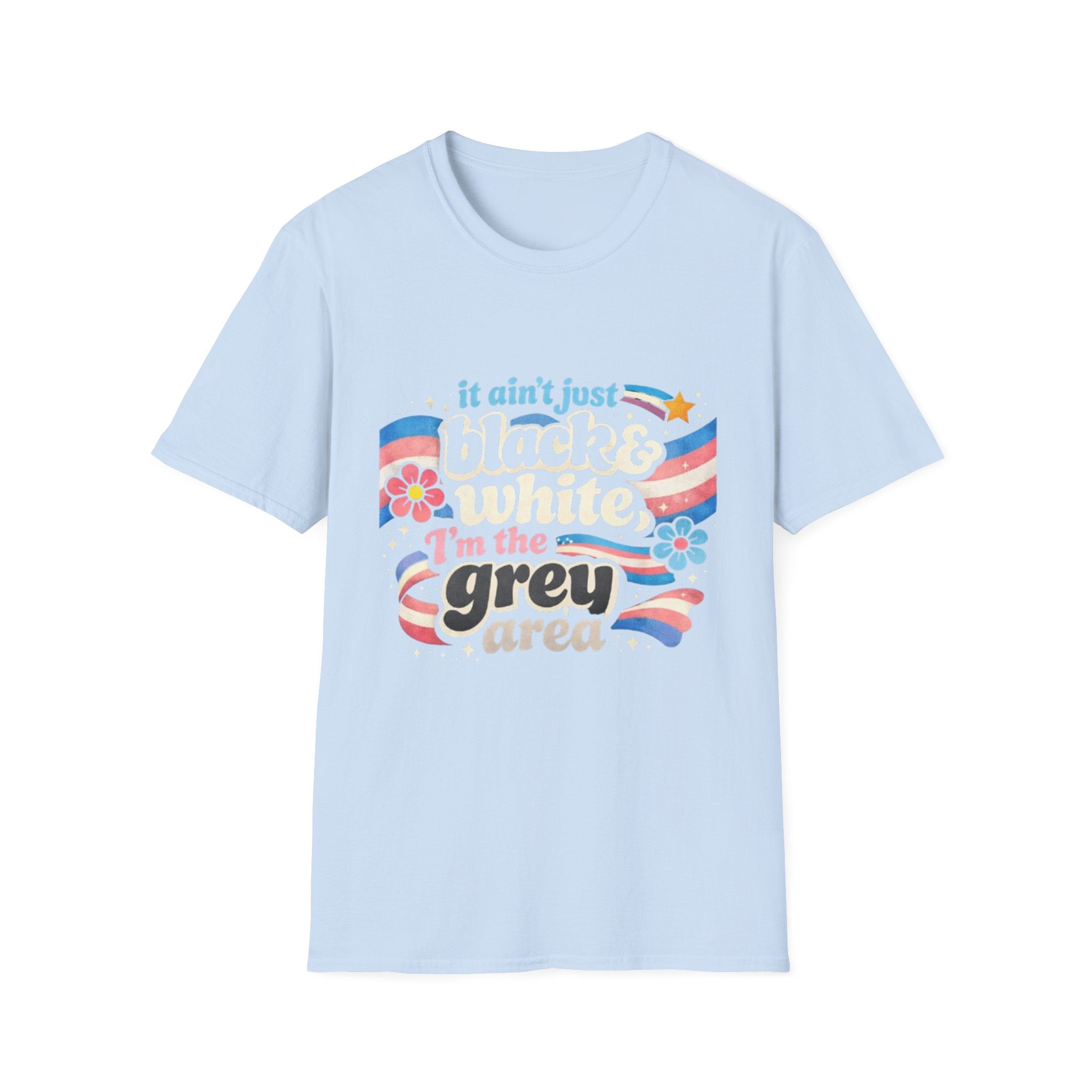 Grey Area Pride T-Shirt — "It Ain't Just Black & White, I'm the Grey Area" Bisexual/Fluid Flag Tee