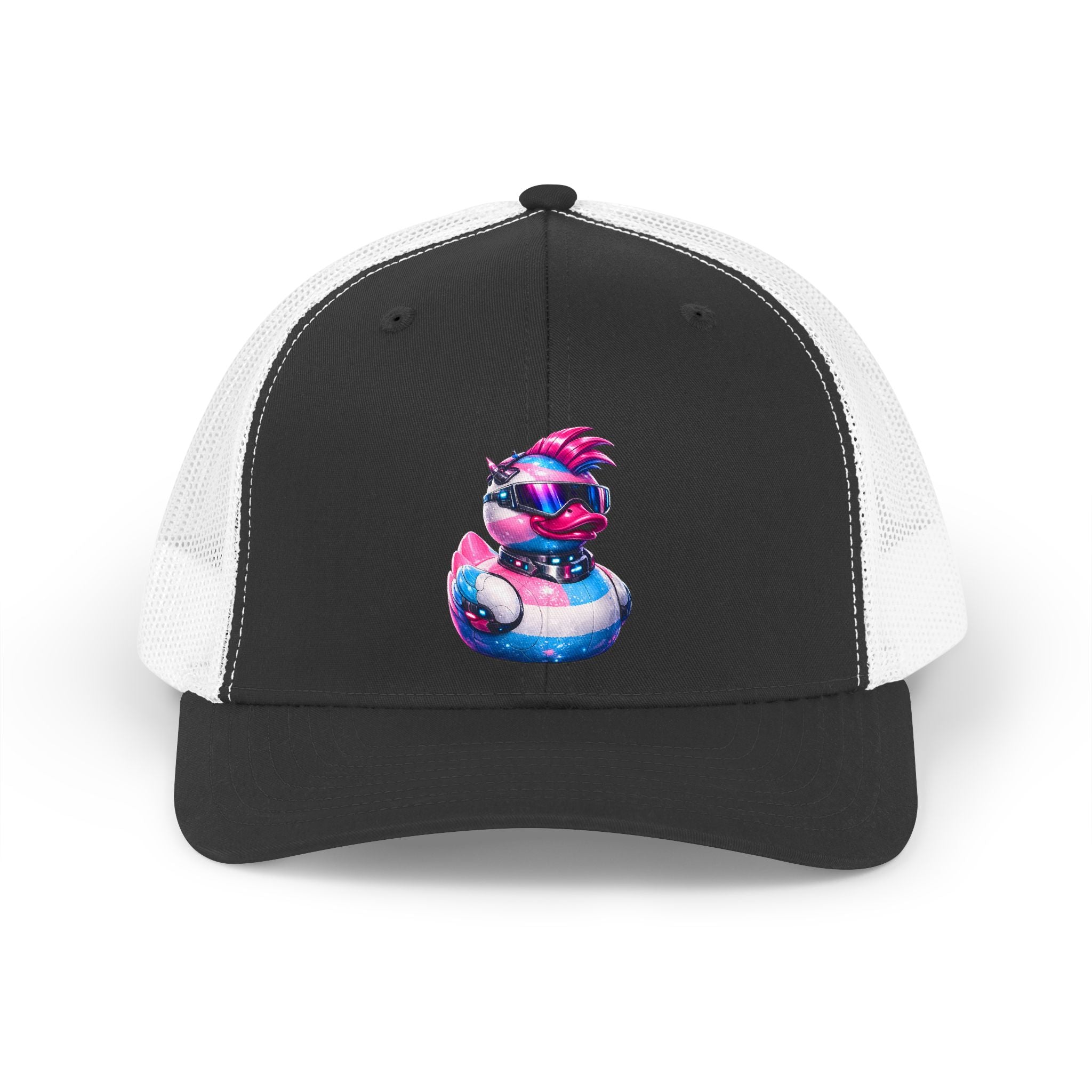 Beautifully Trans Neon Duck Trucker Hat — Colorful 80s Vaporwave Mesh Cap
