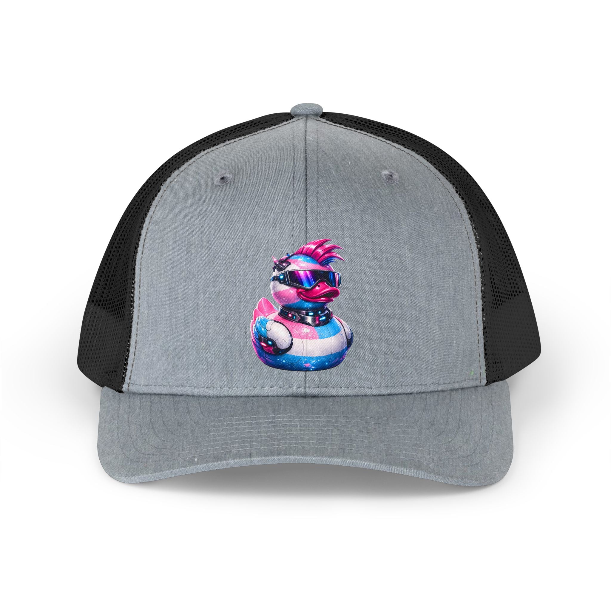 Beautifully Trans Neon Duck Trucker Hat — Colorful 80s Vaporwave Mesh Cap